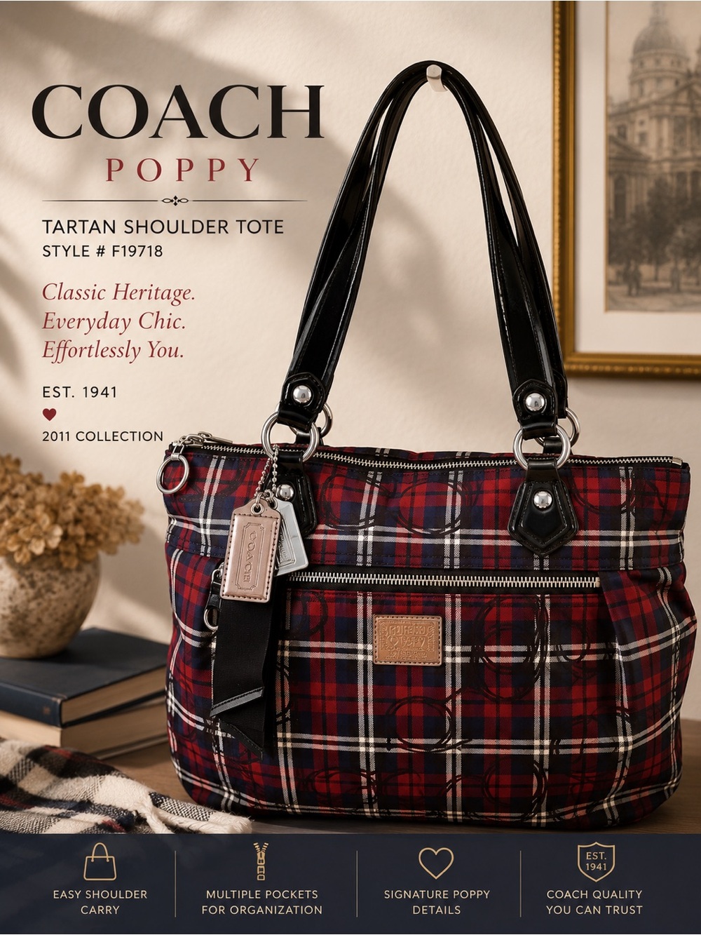 Coach Poppy Y2K  18713 Signature Sateen Tartan Glam Tote Red, Black White